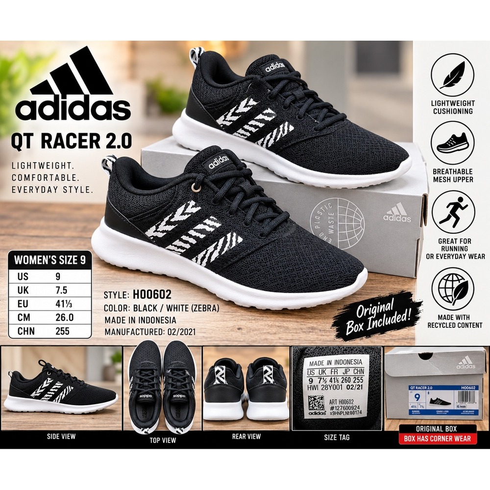 Adidas QT Racer 2.0 Womens 9 Running Shoes Black White Zebra H00602